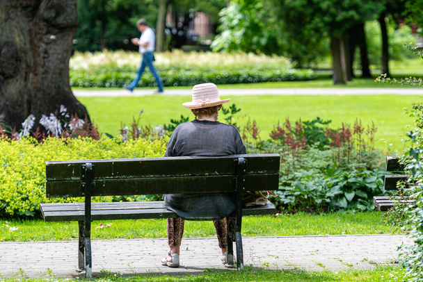 An old woman rests in a park bench on a sunny summer day - Фото, зображення