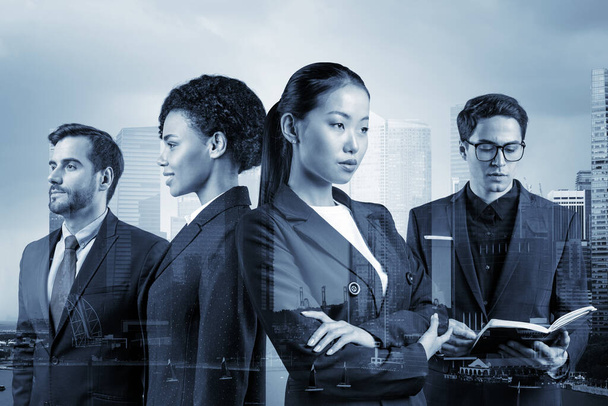 Group of four business colleagues in suits working and dreaming about new career opportunities after MBA graduation. Concept of multinational corporate team. Singapore on background. Double exposure. - Photo, Image