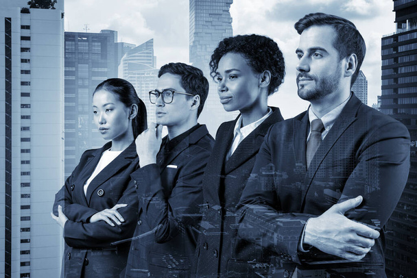 Four successful business consultants standing in a row in suits and ready to tackle with customer problem. Bangkok cityscape. Multinational corporate team. Double exposure. - Foto, Bild