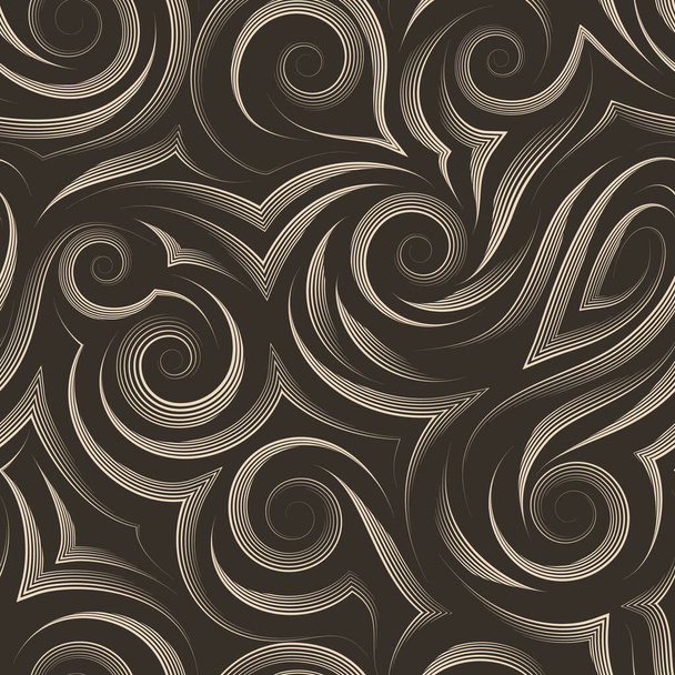 Seamless vector pattern of smooth lines drawn by beige pen in the form of spirals and curls isolated on a brown background. Print for clothes or paper - ベクター画像