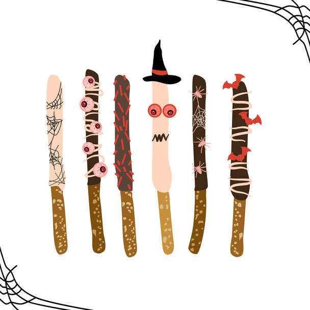 Chocolate covered Halloween pretzels. Sweet and salty sticks topped with sprinkles, candy eyes, glaze cobwebs. Dipped baked rods.Halloween night party invitation, greeting card. Trick or treat candies - Vector, Image