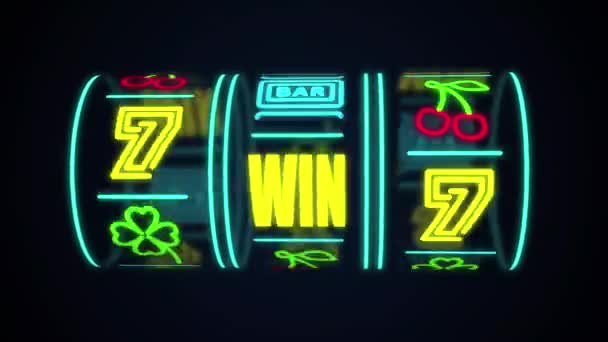 Neon Casino Spielautomat dreht sich, Geld fliegt nach der Gewinnkombination mit Dollarzeichen - Filmmaterial, Video