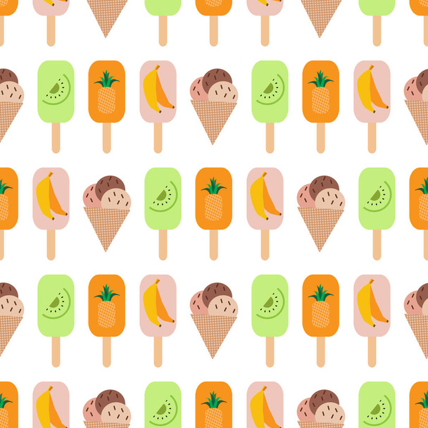 Seamless pattern with  ice cream,  waffle, sweet cupcakes, pies and tortes, chocolate ice cream and fruit muffins, desserts and pastry cakes. Vector illustration in flat cartoon style. - Vektori, kuva
