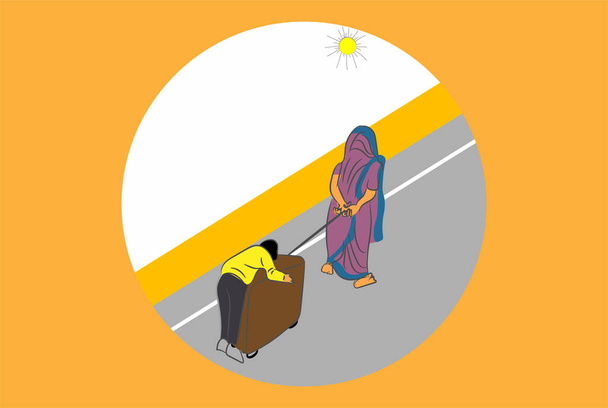 Eine Migrantin lässt ihren Sohn während der Blockade in Indien auf einem Koffer schlafen - Vektor, Bild
