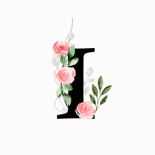 monogram kwiatowy (litera I) - ozdobiony różowymi różami i liśćmi, akwarela - Zdjęcie, obraz