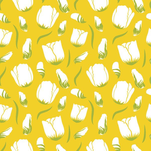 明るい黄色の背景パターンに落ちる白いチューリップと花弁。テキスタイル、ファッション、紙、包装用ベクトルシームレスパターンデザイン. - ベクター画像
