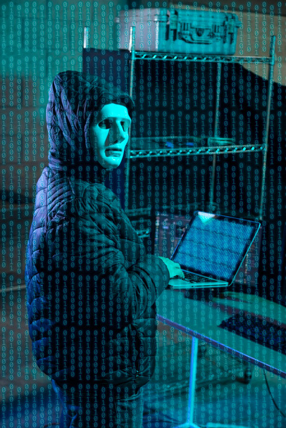 Hacker using laptop with binary code digital interface. Double exposure. Hacking and malware concept. - Foto, imagen