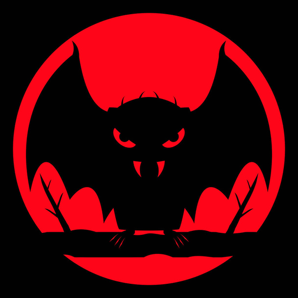 Vampire bat with bloody eyes and fangs on a background of the red moon. Sits on a branch. Cartoon character. Black silhouette. Vector illustration for halloween and other ideas. - Vector, Image