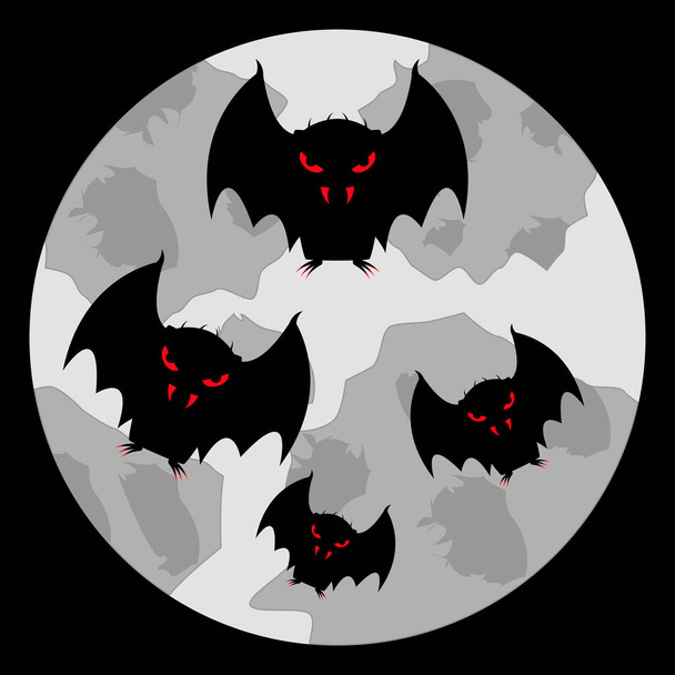 A flock of vampire bats with bloody eyes, fangs and claws fly in the sky against the backdrop of a pale moon. Cartoon character. Black silhouette. Vector illustration for halloween and other ideas. - Vector, Image