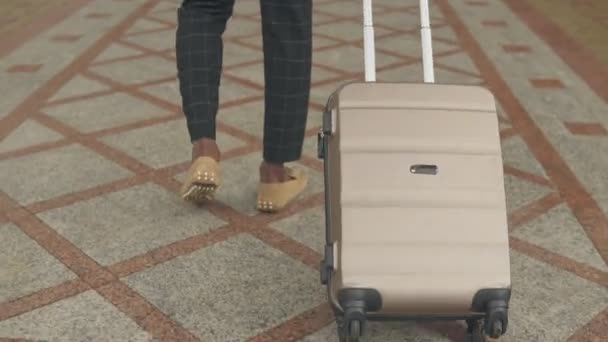 Podnikatel kráčí k hotelovým dveřím se zavazadly, zadní pohled - Záběry, video