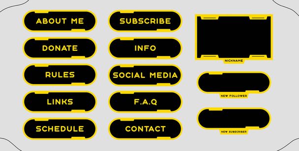 Twitch Set moderner runder, gelb-schwarzer Gaming-Panels und Overlays für Live-Streams. Design-Alarme und Tasten für Streaming. 16: 9 und 4: 3 Bildschirmauflösung. Twitch- und Youtube-Panels - Foto, Bild