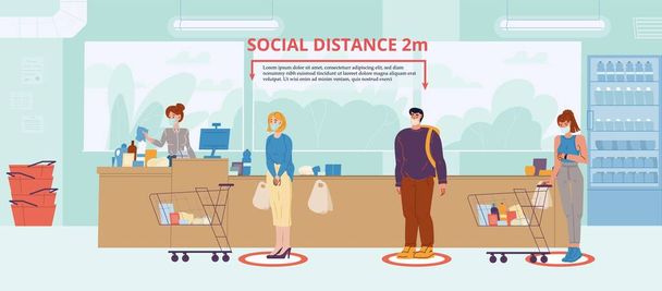 Κοινωνική απόσταση σε αφίσα ευαισθητοποίησης σούπερ μάρκετ - Διάνυσμα, εικόνα