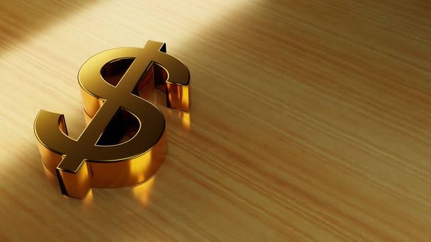 Signe du dollar doré sur une surface en bois. Richesse, concept d'investissement. rendu 3D numérique. - Photo, image