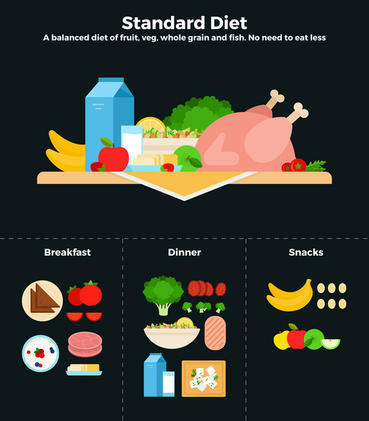 Standard diet vector flat illustrations. A balanced diet of fruits, vegetables and fish. Recommendations for healthy nutrition. - Vektor, Bild
