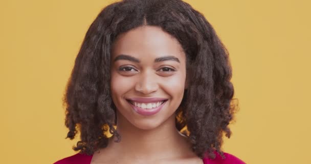 Portret van een jonge zwarte vrouw met een vrolijke glimlach op haar gezicht - Video