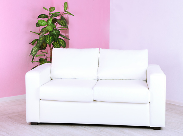 bílá pohovka v pokoji na pozadí růžové zdi - Fotografie, Obrázek