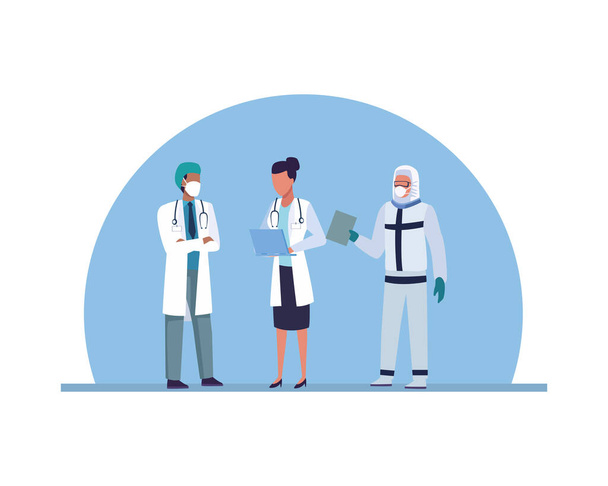 group of doctors wearing medical masks characters - Vector, Image