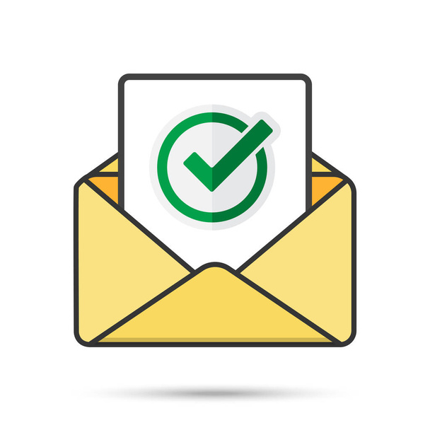 E-Mail mit Dokument und rundem grünen Häkchen. erfolgreiche Verifikationskonzepte. Vektor E-Mail-Symbol - Vektor, Bild