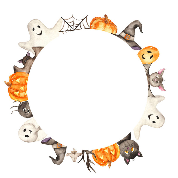 Halloween ghosts, pumpkin, cat, bats, spider. Watercolor hand drawn round frame - Photo, Image