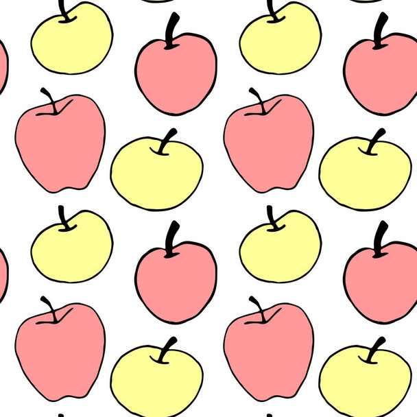 Grün gelb Äpfel nahtlose Vektorfarbenmuster. Sommer Herbst Hintergrund. Perfekt für den Schulweg, Apfelernte, Lebensmittelverpackungen, Küchentextilien. - Vektor, Bild