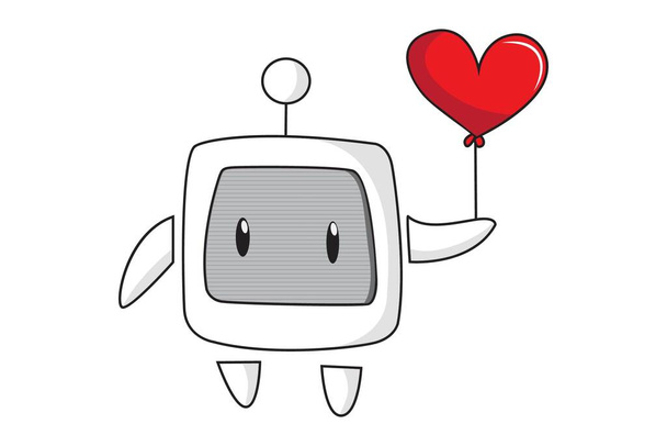 Vector cartoon illustration of robot holding heart balloon in hand. Isolated on white background. - ベクター画像