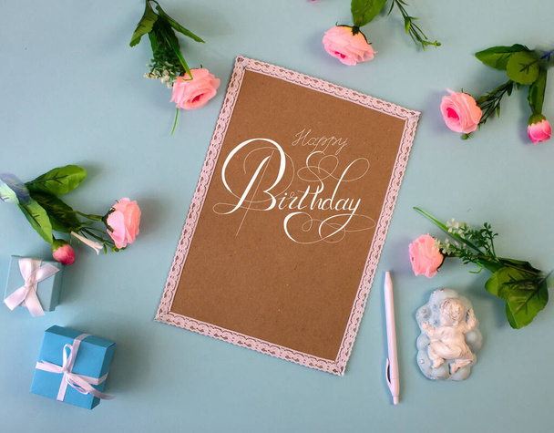 postcard or Internet banner with a birthday greeting, with the inscription - happy birthday - Фото, изображение