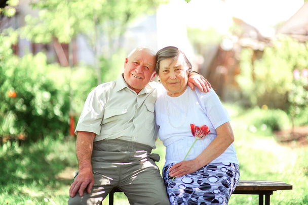 Amar a la pareja de ancianos sentados abrazándose en un banco en la calle
 - Foto, imagen