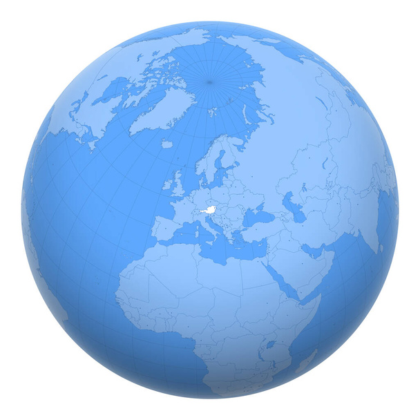 Η Αυστρία στον κόσμο. Η Γη επικεντρώνεται στην τοποθεσία της Δημοκρατίας της Αυστρίας. Χάρτης της Αυστρίας. Περιλαμβάνει στρώμα με πρωτεύουσες. - Διάνυσμα, εικόνα