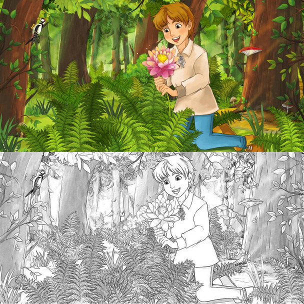 cartoon scene with sketch with happy young boy child prince or farmer in the forest traveling during day - illustration for children - Photo, Image