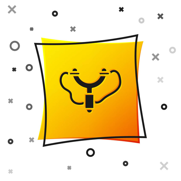 Ікона Black Slingshot ізольована на білому тлі. Жовта квадратна кнопка. Вектор. - Вектор, зображення