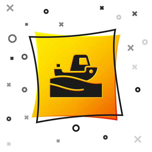 Black Fishing boat on water icon isolated on white background. Yellow square button. Vector. - Vector, Image