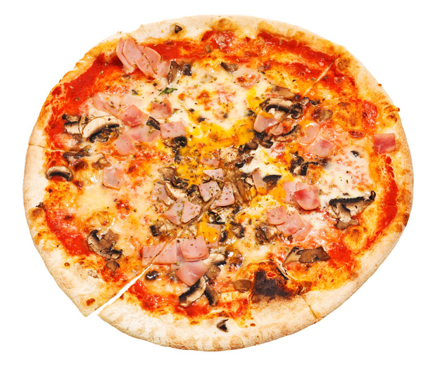 vue de dessus de pizza fine aux champignons et jambon
 - Photo, image
