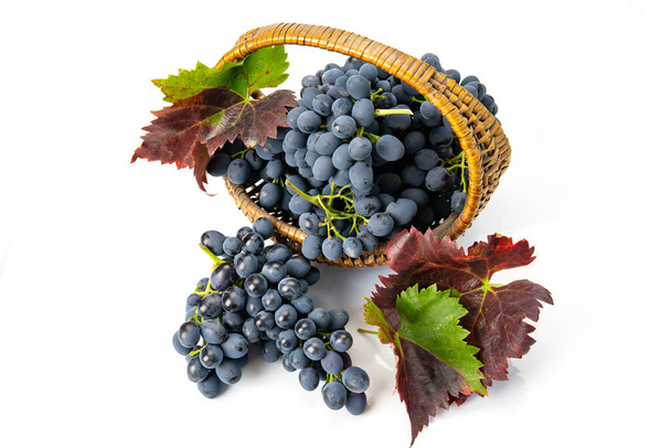 Grapes in a wooden basket. White background - Foto, imagen