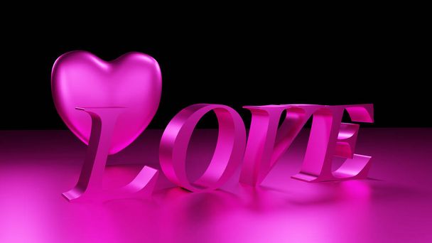 3D απόδοση απεικόνιση μιας λέξης αγάπη και μια καρδιά σε μαύρο φόντο. - Φωτογραφία, εικόνα