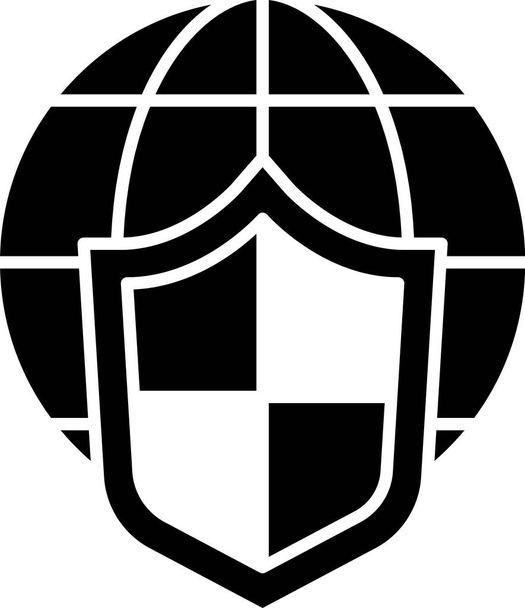 Bouclier noir avec icône globe mondial isolé sur fond blanc. Concept d'assurance. Sécurité, sûreté, protection, concept de vie privée. Vecteur.. - Vecteur, image