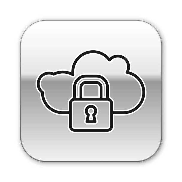Black line Cloud computing lock icon isolated on white background. Security, safety, protection concept. Protection of personal data. Silver square button. Vector. - Vector, afbeelding