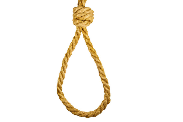 Tödliche Schlinge aus Seil isoliert auf weißem Hintergrund. Konzept der Todesstrafe oder Selbstmord - Foto, Bild