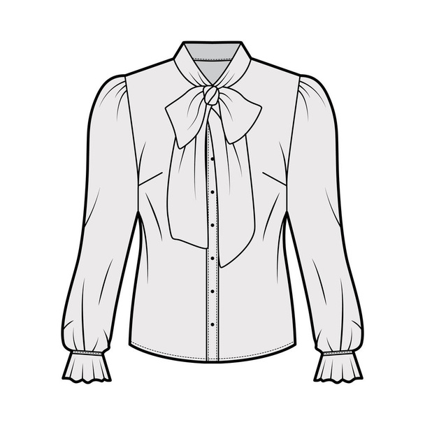 Pussy-bow blouse technical fashion illustration with long blouson sleeves, flouncy ruffled cuffs, fitted body - Wektor, obraz