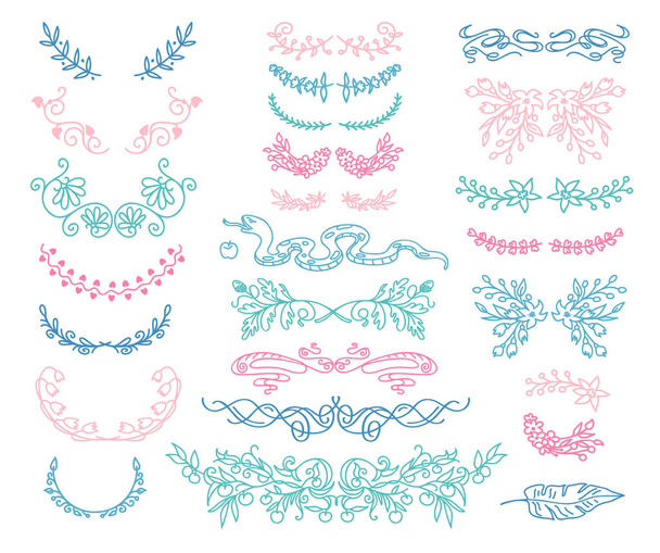 Flourish text dividers set. Floral vintage embellishments, wreaths. Blue, pink isolated design elements. Decorative cliparts. Wedding invitation, greeting card, page filigree decorations - Photo, Image