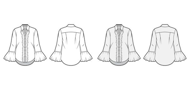 Conjunto de ilustración de moda técnica camisa con volantes con cuello afilado, puños estriados voluminosos mangas largas, cuerpo de gran tamaño
 - Vector, Imagen
