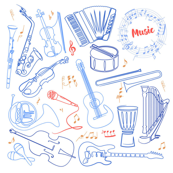 Musical instruments continuous one line color drawing. Orchestra equipment. Isolated contour cliparts. Stringed, wind, percussion instruments. Hand drawn collection. Minimalistic illustration - Photo, Image