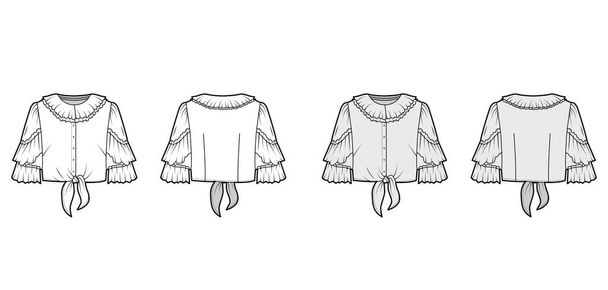 Cropped tie-front blouse technical fashion illustration with ruffled collar and sleeves, front button fastening. - Vector, Image