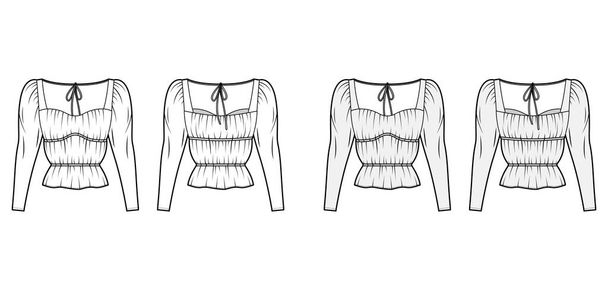 Camisa técnica moda ilustração com corpo de grandes dimensões, botões escondidos fixações ao longo frente, babados delicados
 - Vetor, Imagem