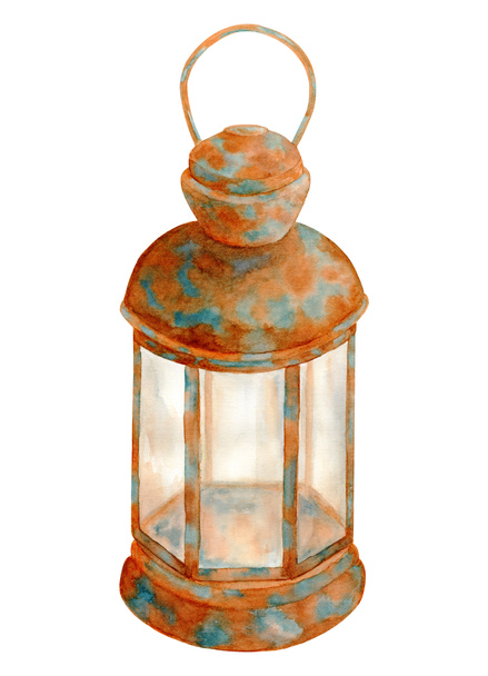 Watercolor old rusty lamp. Hand drawn vintage kerosene lantern isolated on white background. llustration with pitted texture. Rustic element for cards, posters, decoration, Halloween party design - Photo, Image