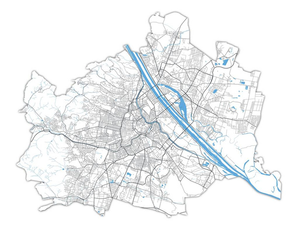 Viyana haritası. Viyana idari bölgesinin detaylı vektör haritası. Sokaklı posterler ve beyaz arka planda su. - Vektör, Görsel
