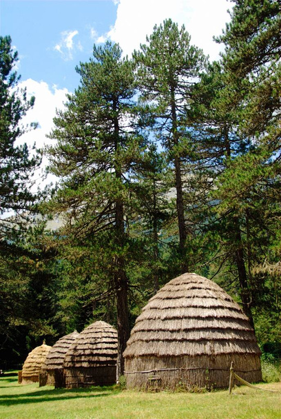 O assentamento cabanas da tribo Sarakatsanoi em Gyftokampos lugar na aldeia Skamneli, uma das 45 aldeias conhecidas como Zagoria ou Zagorochoria na região do Epiro do sudoeste da Grécia
. - Foto, Imagem