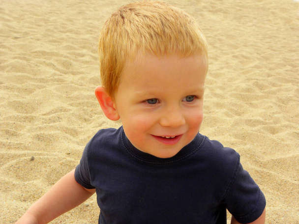     灰色の目をした魅力的なブロンドの少年の肖像画。3歳の男の子が遠くを見て微笑む。幸せな赤ちゃん                                        - 写真・画像