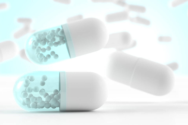 Falling fehér kék kapszula egy gyógyszer szépen elmosódott háttérrel; 3d illusztráció koncepció - Fotó, kép