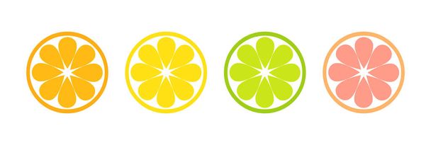 Citrus slices flat icons, orange, lemon, lime and grapefruit fruits. Vector illustration. - Vecteur, image