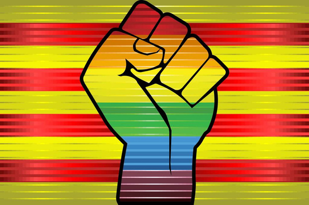 Brillante protesta LGBT Puño en una bandera de Cataluña - Ilustración, Grunge abstracto Bandera de Cataluña y bandera LGBT
 - Vector, imagen